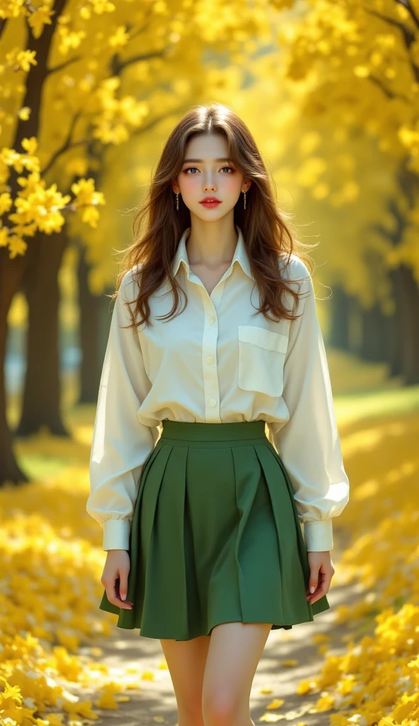 ((realistic, top quality without window, highest resolution, 8k)), ((accurate , accurate body, accurate hands, Accurate feet)), full body photo, A beautiful girl with lovely big , A white shirt with a slight view of the , green skirt, beautiful colored shoes, Forsythia flower , Forsythia flower 이 활짝 핀 거리를 그녀는 걷고 있다, Her gaze is looking at the viewer, ((I'm ashamed and have a red cheek)), She thinks she's happy to be on a date with a viewer, bright natural light, Lovers are walking around