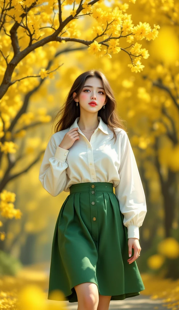 ((realistic, top quality without window, highest resolution, 8k)), ((accurate , accurate body, accurate hands, Accurate feet)), full body photo, A beautiful girl with lovely big , A white shirt with a slight view of the , green skirt, beautiful colored shoes, Forsythia flower , Forsythia flower 이 활짝 핀 거리를 그녀는 걷고 있다, Her gaze is looking at the viewer, ((I'm ashamed and have a red cheek)), She thinks she's happy to be on a date with a viewer, bright natural light, Lovers are walking around