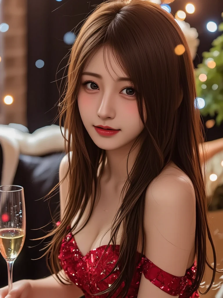 Clear, Glossy skin like white porcelain、Wind hair gets in the way in front of cute face、15 year old cute sexy tiny beautiful face and big breasts、Shining, Very beautiful bright bright blonde straight hair dancing in front of a cute beautiful face、hostess,Wearing a red dress,Silky long bangs that cover the eyes、Ultra-long straight hair that is too long、Pale marine blue eyes glow、glowy skin、Gloss Face、Teak Gloss、eye liner、big eye、Pretty Face、Small face beauty、The background is inside the lounge,A champagne glass in one hand