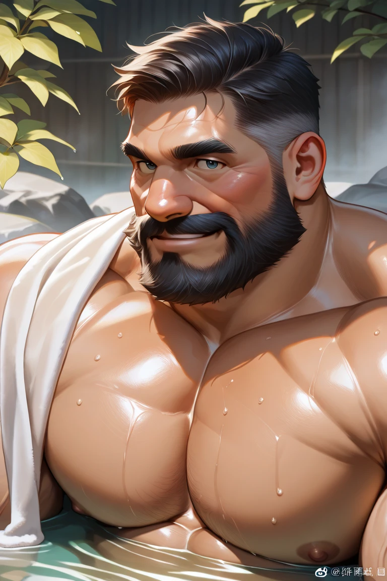 Captain haddock, (pose:Full Body Shot), (posing:Full Body Shot), (soft shading), (((4k, hi res, Ray tracing))), ((((extreme detailed sweat drops, glistening, glistening body))), (((five fingers, detailed hands))), ((detailed face, (detailed eyes:1.0), detailed)), by zackarry911, by zaush, (by personalami:0.5), looking at viewer, (((horny))), ((( wise))), 1boy, (((Highly detailed jewelry))), standing, closed mouth,(((Armpit hair, Mustache,body hair, nude, thick chest hair, beard, tuft, chest tuft, arm tuft))),(((muscular, dad bod, muscle vein))) ,male focus,black hair, (((naked, nude))), nature,, captain hat, (((extreme detailed chest hair,muscle vein))),(holding blue clothes on his left arm)