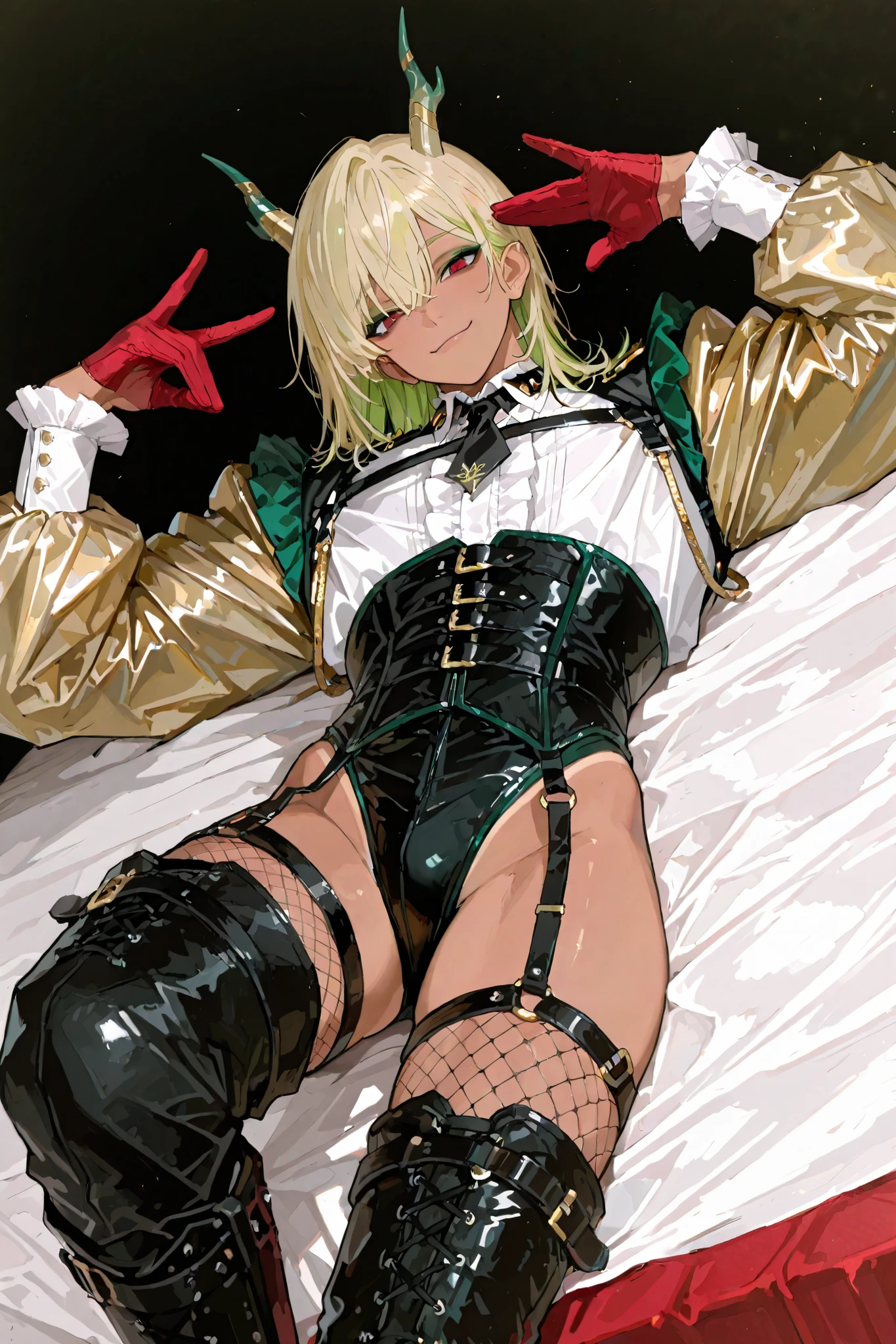 1male,handsome,visual kei style,medium hair, heavy black eyeliner, green eyeshadow, studs,His pose is confident, bob hair, top quality,high quality,masterpiece, gyaruoh, (blonde:1.2), red eyes, androgynous, green hair tip highlight, beautiful young man, slightly muscular, 6 foot tall, tanned skin, 18 years old male, solo, detailed face, mullet hair, punk, dot eyebrows, simple background, , frilled shirt, corset, overknee boots with garter, puffed sleeves, solo, white shirt, Prince, androgynous, Gothic,dragon horns,super short jumpsuits, half palm gloves, black jabot, gold Layered Cascading Ruffles Jabot Tie, dark gold lining, highleg jumpsuits, Red gloves, bolero jacket, green inner hair, heeled boots, boots with ring belt, super long boots, highleg Jersey, (thigh-high boots:1.2), (hot pants:1.2), fishnet pantyhose, solo, (jabot tie:1.2), black leather outfit adorned with golden chains, Bolero jacket, lying down on bed, 748cm style, coquettish smile,inviting hug pose,reaching out for a hug,open arms gesture