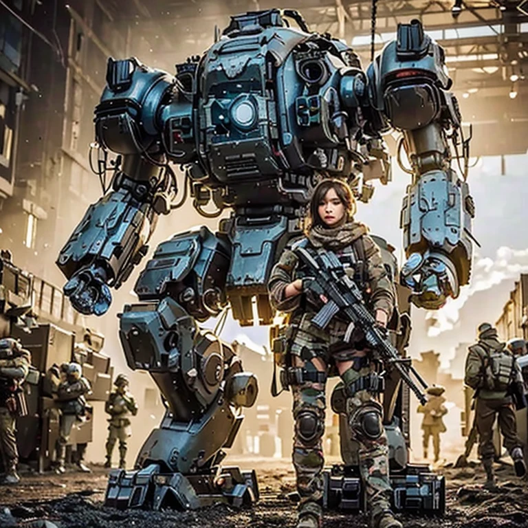 Giant robot weapons like ARMORED CORE have been damaged、A beautiful Japanese woman from the Allied Special Forces wearing worn heavy combat armor beside it、energy backpack、Realistic Near Future、realistic expression、Futuristic headgear、 Accurate and Detailed Equipment 、 full body shot image 、 emotional images 、dynamic、 blurred background 、blast、Sand Dust、A falling fireball