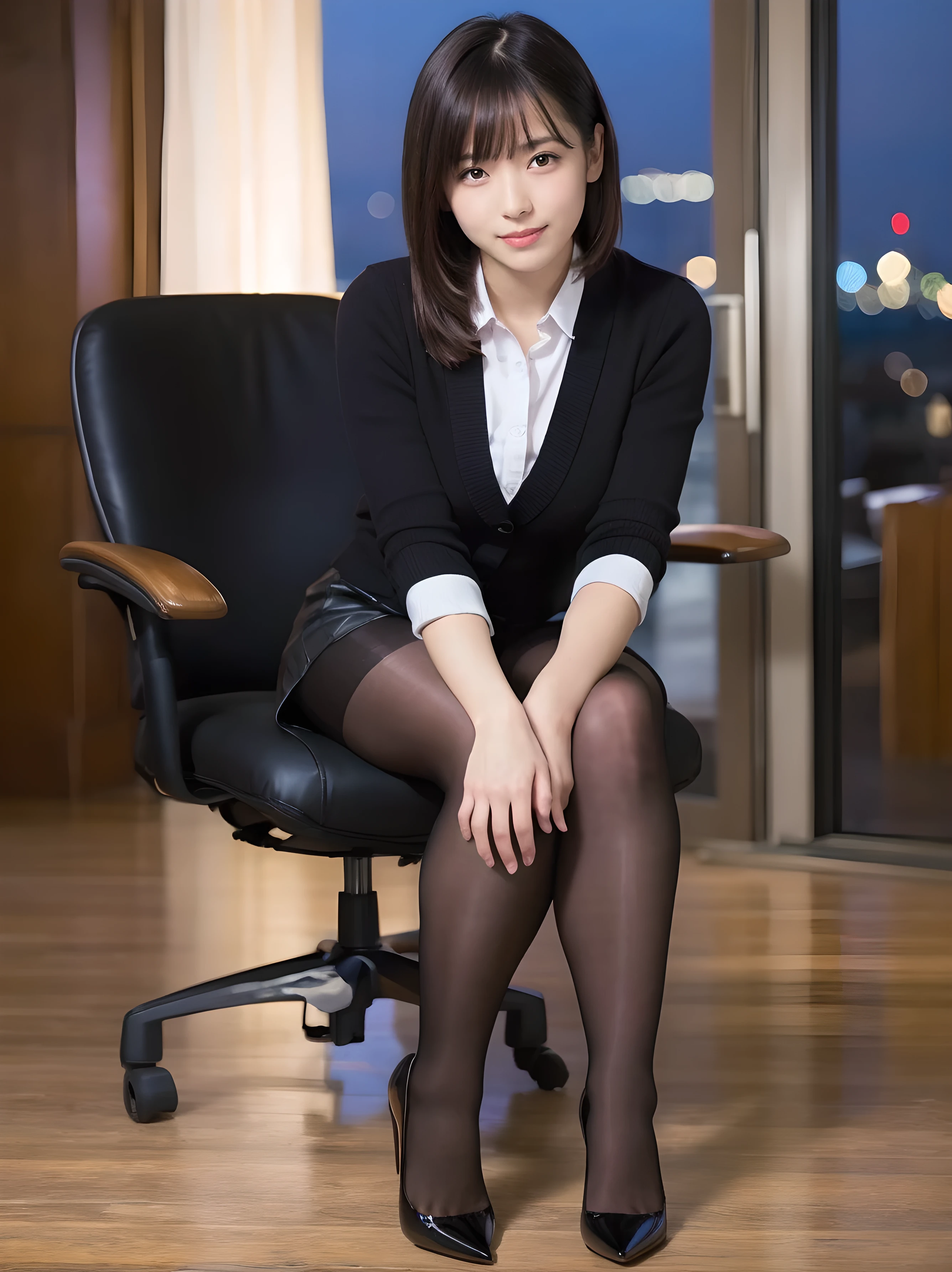 Best Quality, Photorealistic, 8K, High definition, 1 Girl, femele, (medium: 1.8), office, Pubic hair visible, Grey suit, , skirt up, Work, Sitting in chair and legs wide open