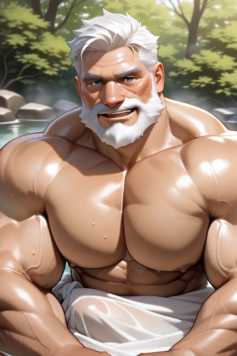 old Joseph Joestar from jojo bizzarre adventure with beard and white hair, wearing no shirt, body skinny, ele está wearing no shirt e com calção de banho e óculos escuros em uma piscina em meio a um deserto