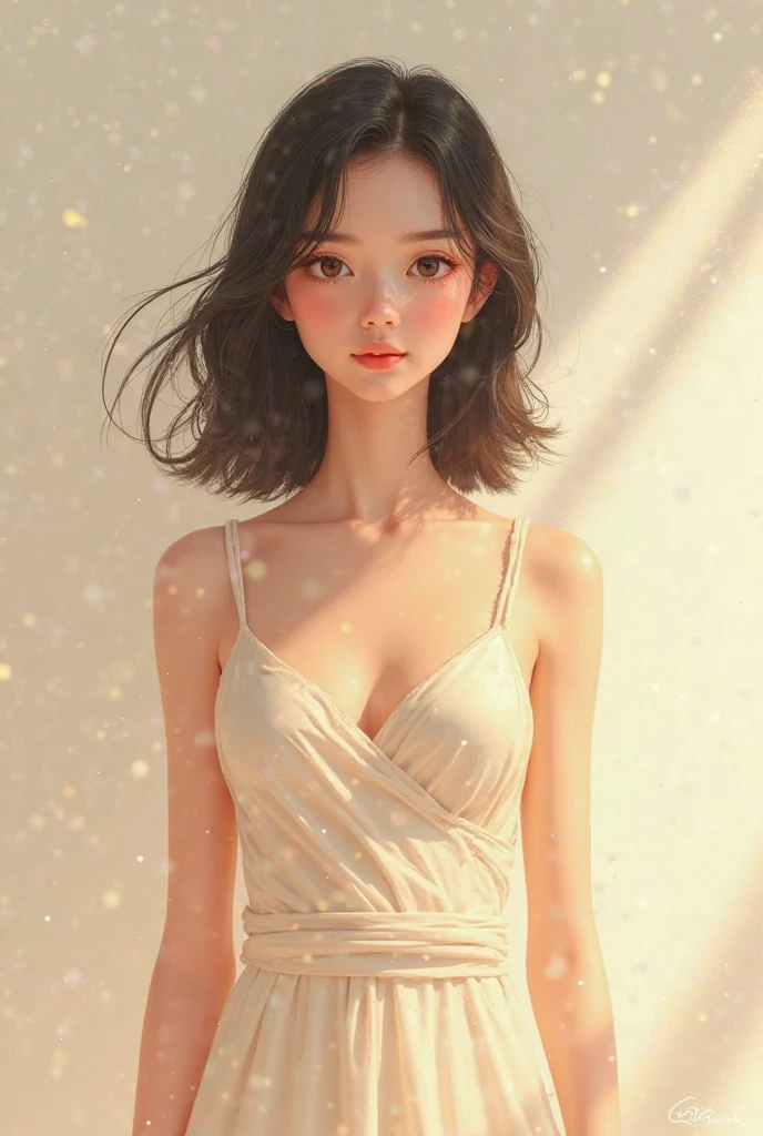 brown hair woman,breasts small, shorth hair, creme, Smiling face in transparent dress