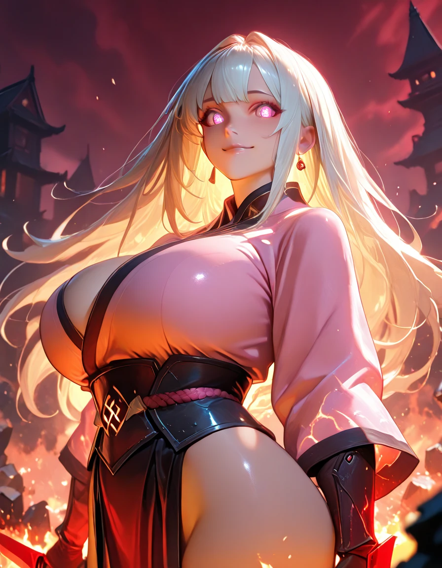 (masterpiece, best quality:1.2), (detailed skin, skin texture), best quality, (intricate detail:1.2), highres, black outline, reflective floor, reflective material, depth of field,
1girl, elf, vampire, fang, perfect face, perfect eyes, yellow eyes, (very long hime cut:1.2), blonde hair, hair over eyes, straight hair, from below, on side, spread legs, tongue out, (glowing eyes:1.4), blush, cleavage, large breasts, mature female,
skindentation, see-through, jewelry, blood on face, gilgamesh \(fate\), gold jewelry, eye trails, eye trail, holding naginata, naginata, sweat, revealing clothes, whisker markings, spider lily, upper body,
castle, fantasy castle, east asian architecture, torii, japanese text, beautiful night scenery, night sky, starry sky, village, mountainous horizon, mist, (fog:1.2), red moon, blood moon,