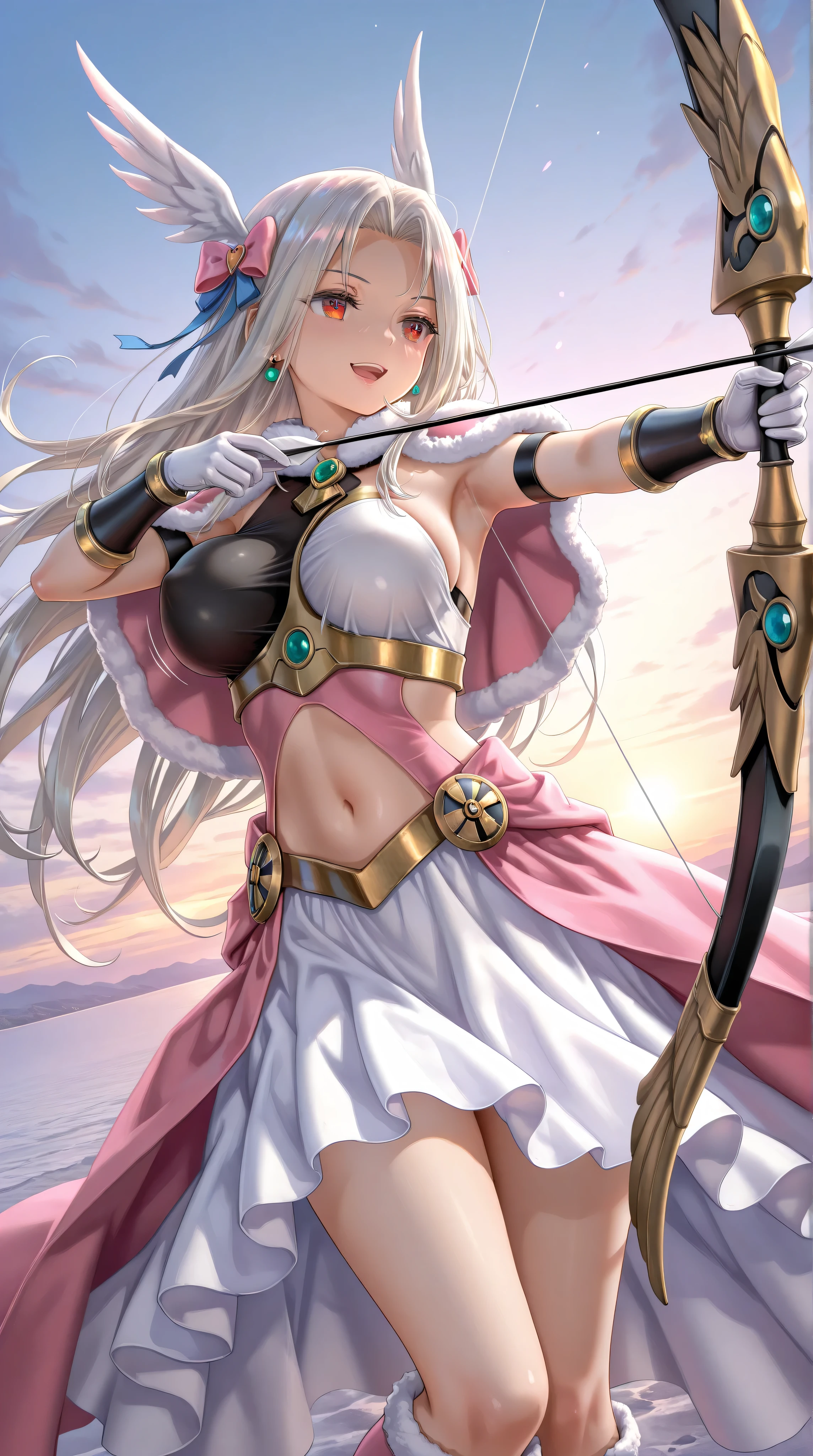 cowboy shot,upper body,1girl,(Irisviel von Einzbern),mature female,red eyes,solo,bangs,large_breasts,(Valkyrie),white gloves,pink footwear,high heels,pink boots,pink bow,blue bow,bow,brooch,dress,standing,earrings,frilled dress,frills,gloves,hair bow,heart,jewelry,seductive smile,open mouth,holding bow\(weapon\),Aiming a Bow,dynamic angle,bouncing-breasts,unaligned-breasts,speed line,motion lines,apollousa bow of the goddess,art style,best quality,amazing quality,very aesthetic,absurdres,anime,best quality,amazing quality,very aesthetic,absurdres,masterpiece,best quality,newest,highres,absurdres,very awa,shiny skin,chiaroscuro,kazuharu kina,(torino aqua:0.8),(fuzichoco:0.9),morikura en,(free style \(yohan1754\):0.9),as109,(wlop:0.8),realistic,
