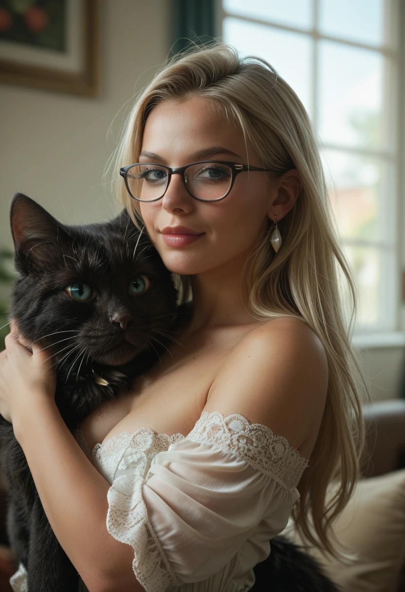 Design a heartwarming scene as the young Malay woman interacts with her beloved cat pet, big fluffy white persian cat, beautiful woman with beautiful small petite body, wear glasses, short white hair, bob haircut with bangs, small petite body, showcasing the bond between them in a cozy home setting, bright lighting, happy, 8k, high quality, ray lighting,