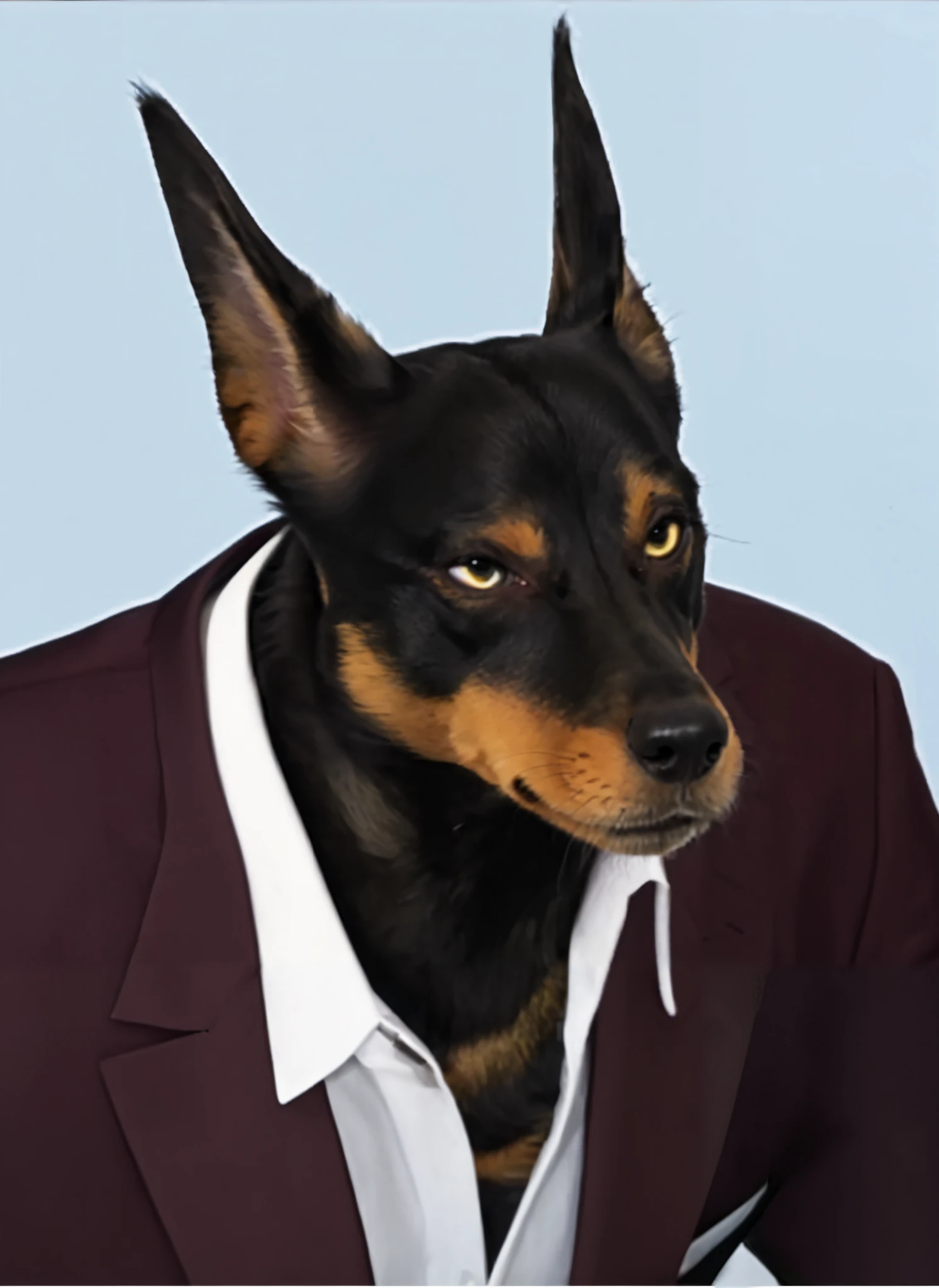 CG,male杜宾犬,Wearing a suit, furry hair ,Short hair,realistic style,(((An indifferent and slightly squinted gaze,Vertical pupil))),dark shiny shiny hair,Short straight hair,male,realistic style,(((密集的Short hair))),Golden Pupils