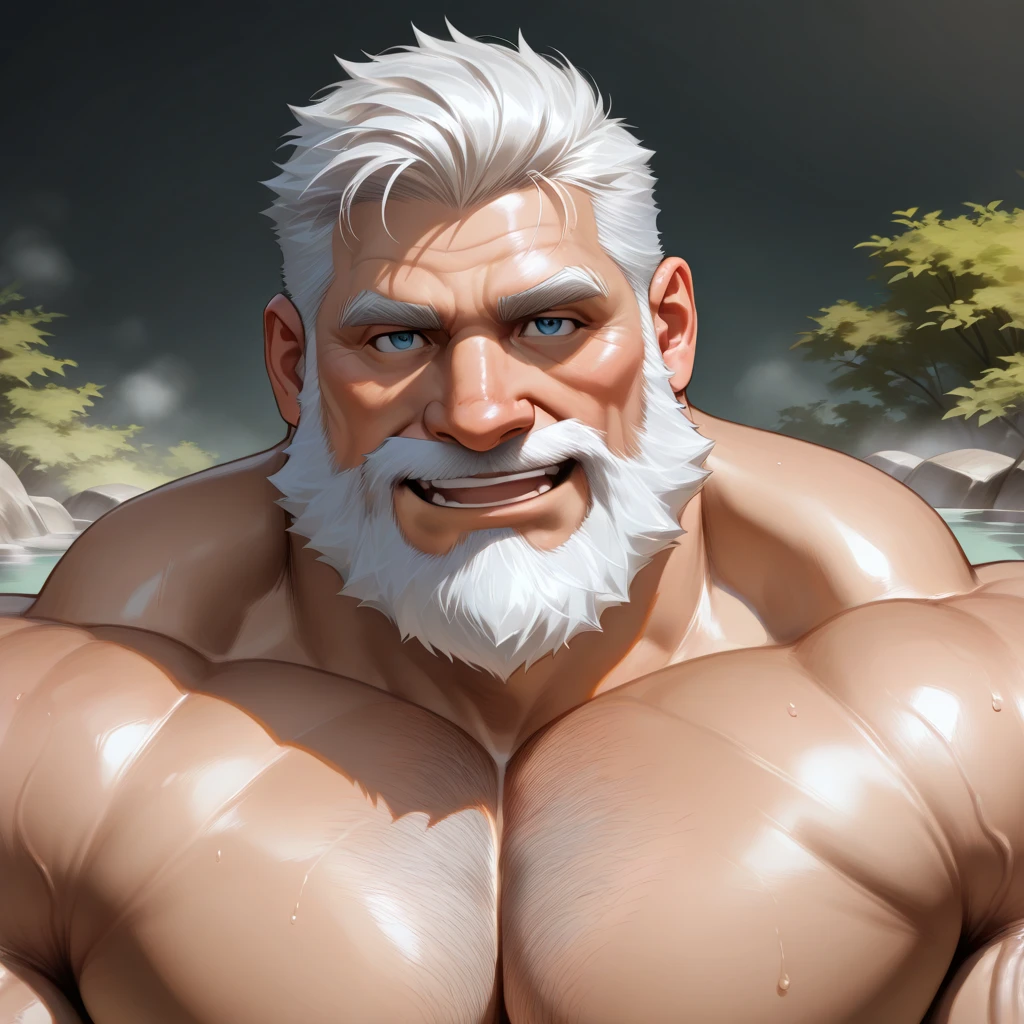 huge muscular old man , black background , wearing shorts, happy, white hair, white beards, masterpiece, semirealistic:1.2, high detailed, 8k, high resolution, perfect center, full view. sixpack