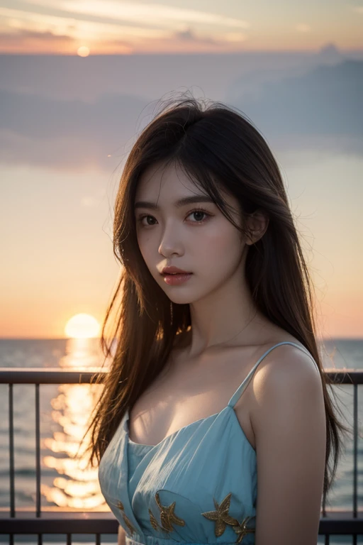 Mustepiece, top quality, illustration, ultra-definition, fine details, high resolution, 8K wallpaper, perfect dynamic composition, beautiful detailed eyes, wearing a dress, natural color lips, beach, random cute pose, perfect and beautiful face , cute, sexy face, sunset, feminine face