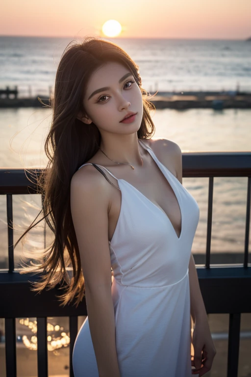 Create a high-quality, hyper-realistic portrait of a very beautiful Japanese idol. She is wearing a clean white summer dress and is squatting on the beach during sunset at sea. The deep indigo of the night sky contrasts with the last vestiges of crimson near the horizon, with swaying waves in the background. The girl has semi-long hair and a slender body with small breasts. The photo should capture her with detailed eyes, a detailed face, and a beautiful, sophisticated nose. The image should have a realistic, delicate, and finely detailed quality, suitable for a fashion magazine cover. Use cinema lighting and soft light to enhance her features. Ensure the photo is of the highest quality, with a resolution of 8K, making it perfect for a 2K wallpaper.