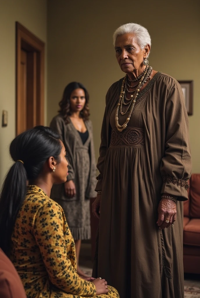 Generate image of African Igbo maternity  as an igbo midwife woman of about 50years bleeding from her side escaped into the janitor's closet and a woman confronting  her looking worried and uneasy 