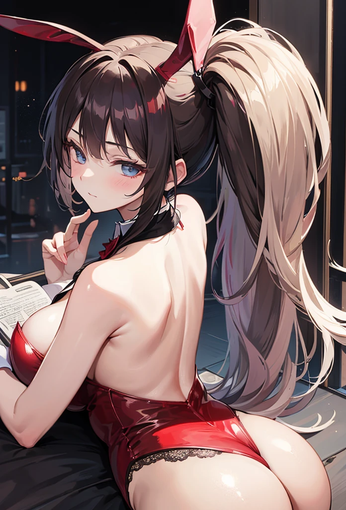 masterpiece,anime style,chibi,sexy girl,black hair,shoulder length hair with two pigtails,bikini,smiling,larger breasts,waiting on the right side of the image,showing cleavage,full body,standing,alone