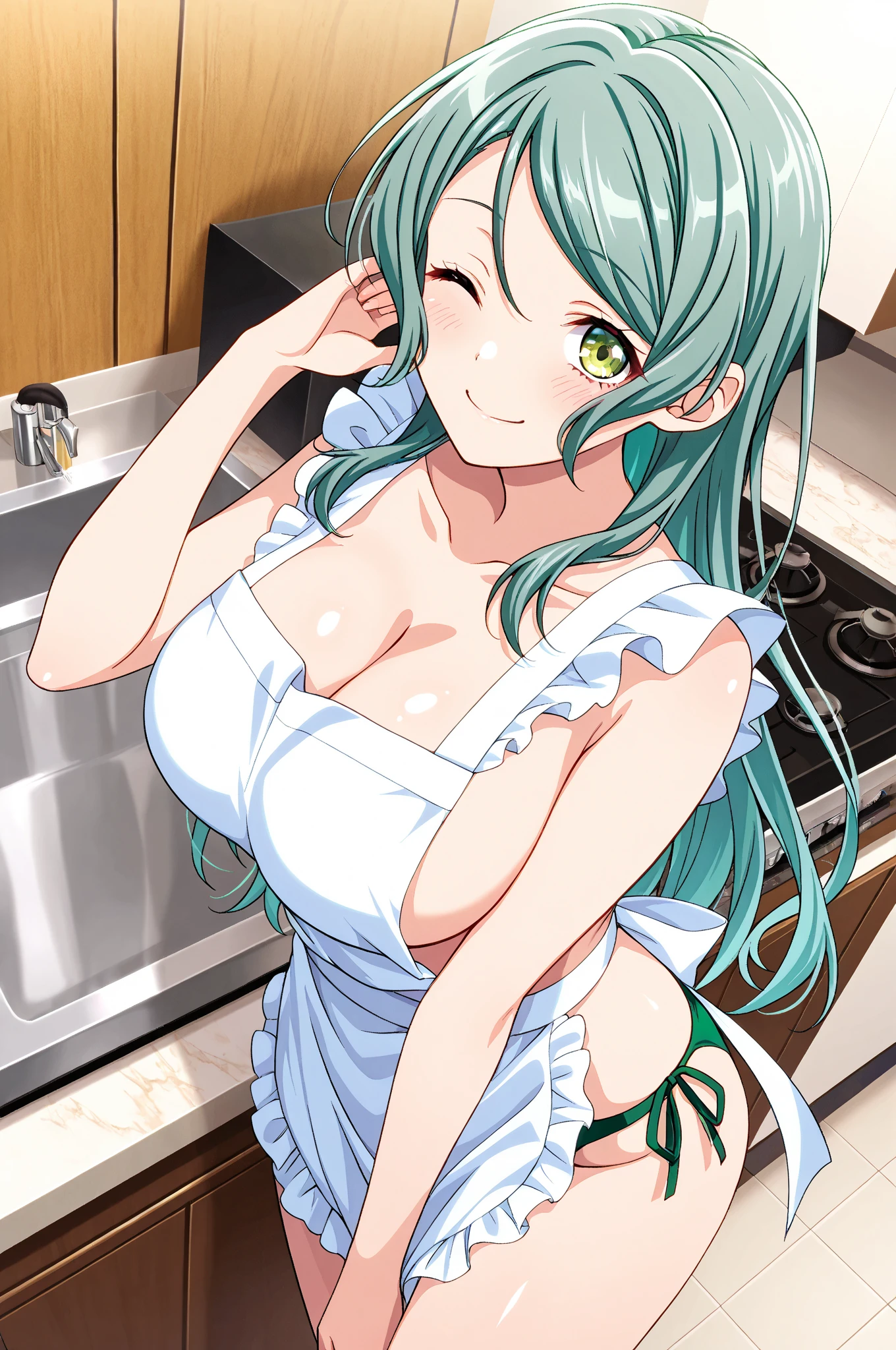 (masterpiece, top quality) detail, 1girl, solo, (naked apron), kitchen, ringlet hair, lingerie, ruffled headdress, cream on the nose, : o, side profile, Yukino Yukinoshita