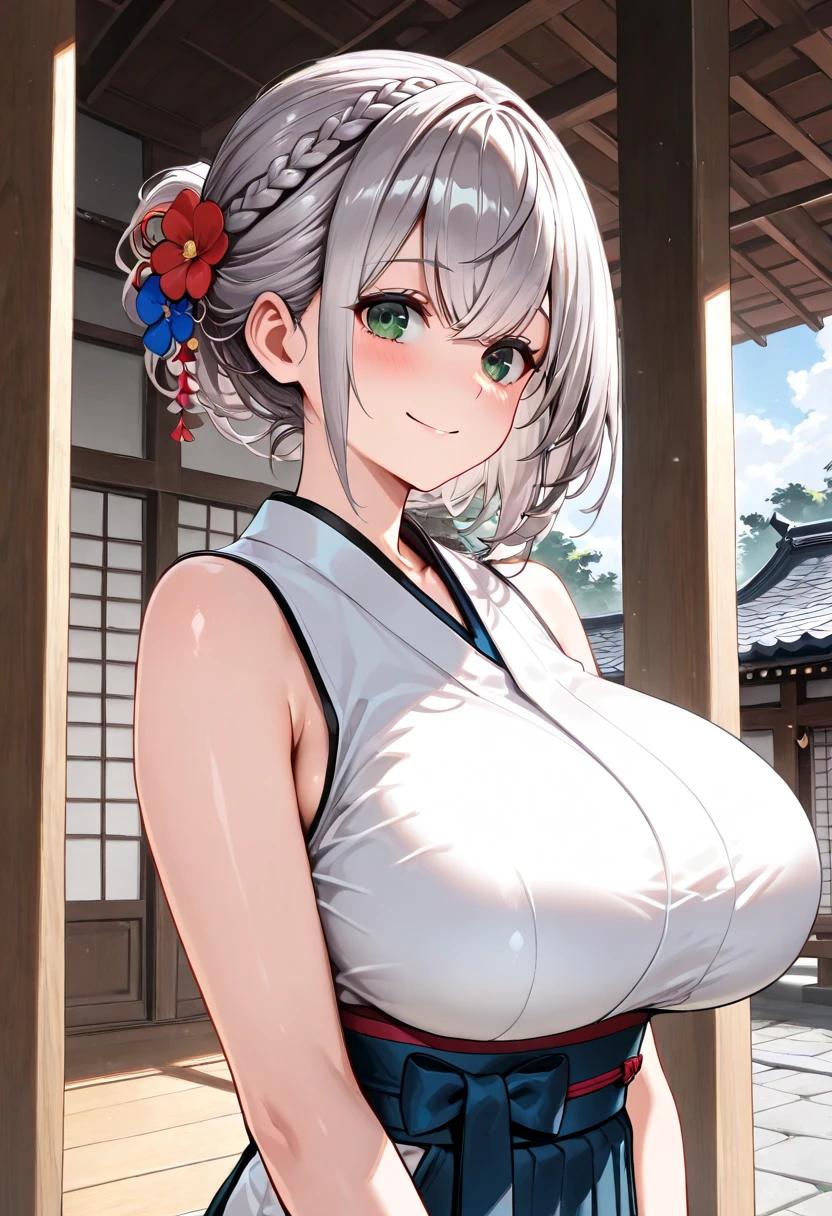 (((masterpiece, best quality))), (((superior quality))), cute girl, ((extremely detailed girl)), ((huge breasts)), yukata, bare shoulders, strapless top, long silver hair, happy