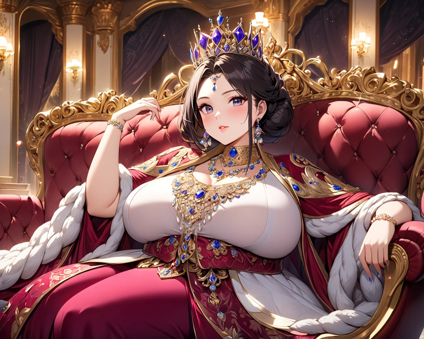 a woman with exaggerated large breasts, confident sitting on a throne, wearing a gorgeous red dress, a large ornate crown on her head, looking down at the viewer, detailed facial features, hyper-realistic, 8k, ultra-detailed, photorealistic, masterpiece, dramatic lighting, cinematic, oil painting、She is a Japanese woman、She is protected by the knights.
