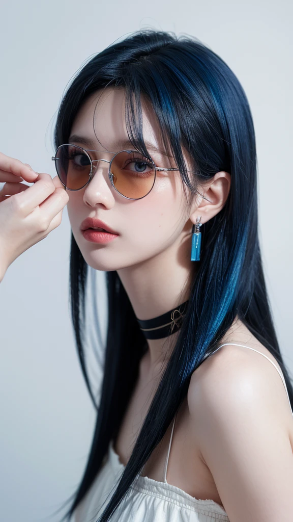 8K Wallpaper, masutepiece, Movie Lighting, Best Quality, Illustration, Dramatic Angle, ((Color: 1.1)), ((Color inner hair: 1.4)), 1girl in, Solo, Long hair, Water, Blue eyes, Black glasses, Choker, Parted lips, white Choker, liquid hair, Black hair, Bangs, from Side, Side, Upper body, Simple background, Gray background, Bare shoulders, Portrait, gaze at the audience, White Dress, hair between eye, White background, earrings,