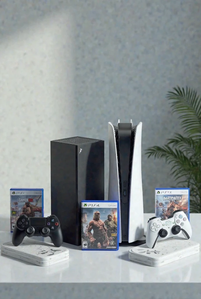 Create a realistic and detailed image of a PlayStation 2 console, with a God of War game (1st edition) from beside. The PS2 must be in its classic configuration, with the disk drive visible and the Sony logo highlighted. The God of War game must be in its original box, with the cover showing Kratos in an epic pose, with its distinctive look and clearly legible game title. The console and game box should be on a neutral, well-lit surface., to highlight the design and details of the items.