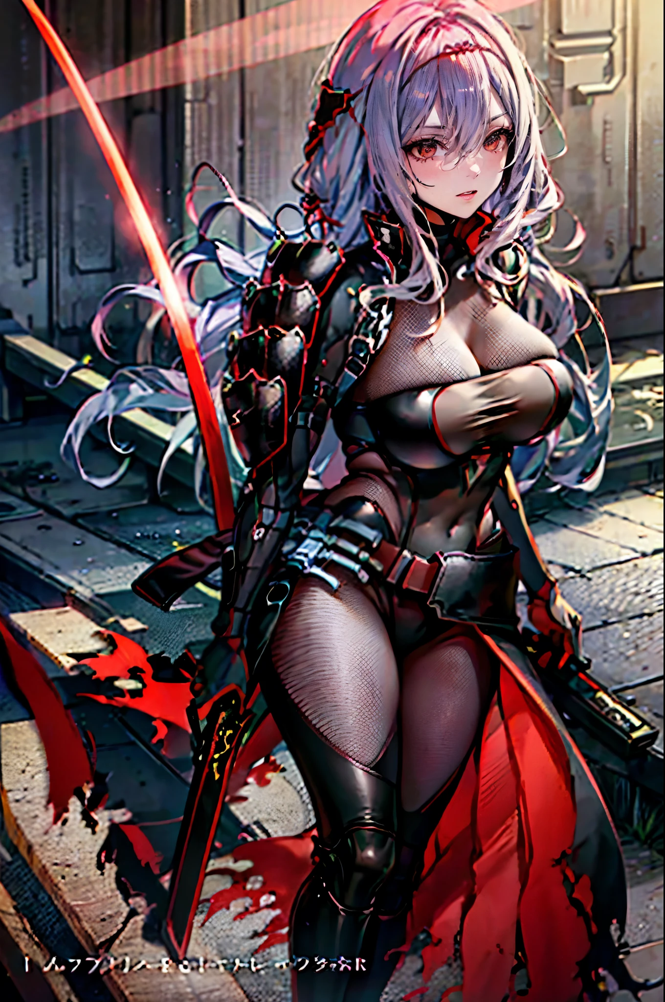 (Highest quality, 8k, masterpiece :1.3),Black Red Lotus,Nike, Goddess of Victory, One Woman,Voluptuous body,Perfect Anatomy,Browsing Caution,Silver Hair,No mismatch with the background,,Beautiful Eyes,Large Breasts,tall