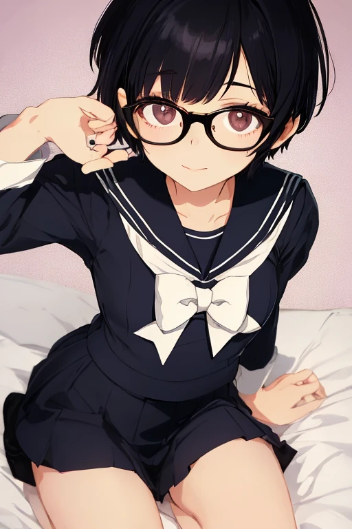 Elementary school girl, 8 years old, toddler, flat chest, black hair, short bob, glasses, purple eyes (One person) white short sleeve sailor uniform Navy blue mini skirt White panties ((I can see her panties)) White socks living room Sitting on the sofa reading a book Dynamic angle Low angle