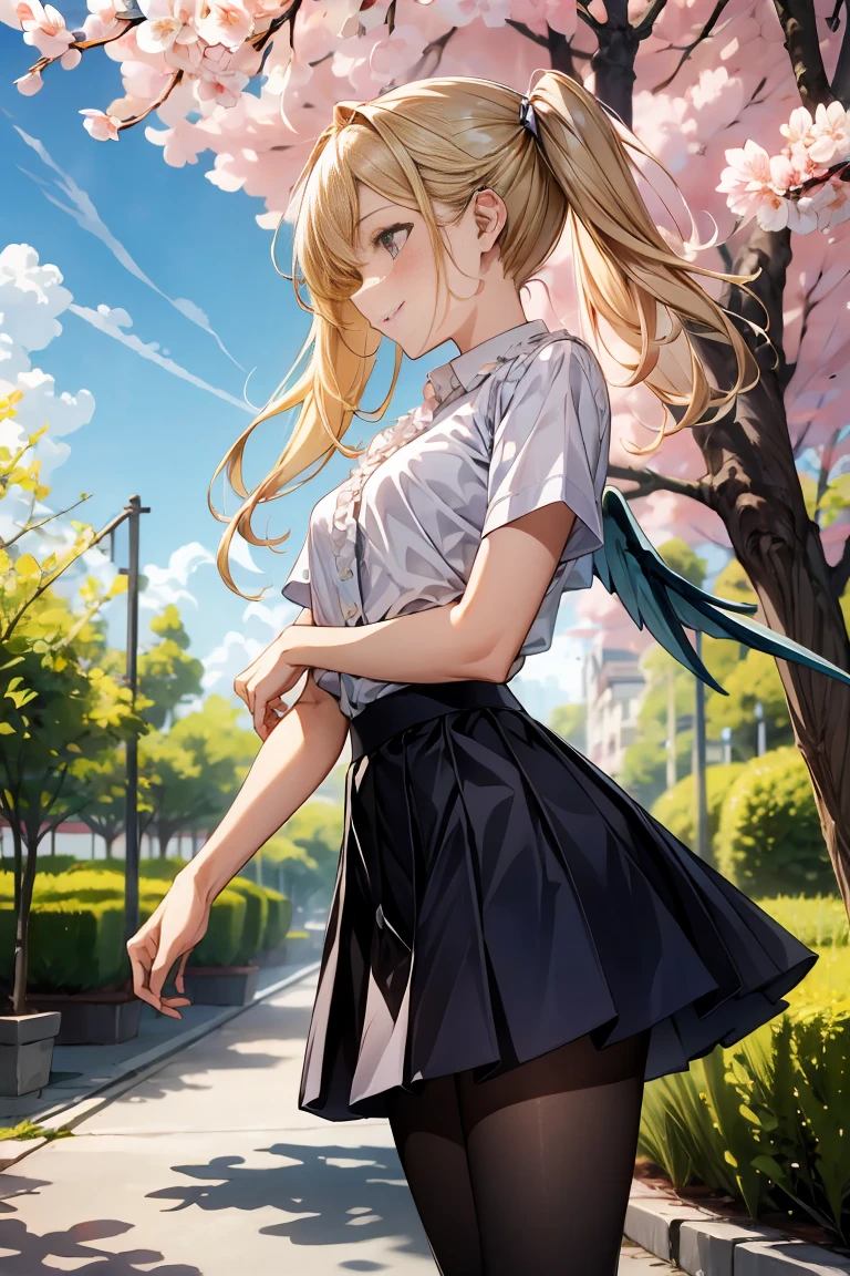 The strong wind is blowing her skirt up、White lace lining is visible、