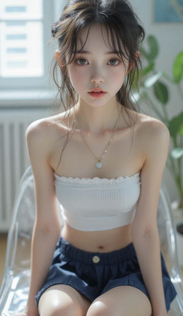 (Japanese:1.3)、(Transparency:1.2)、(Super beautiful girl:1.8)、(realistic skin texture:1.6)、(idol:1.3)、(6th grade elementary school:1.9)、(Super young girl:1.5)、(Super toddler figure :1.3)、(Super baby face:1.5)、(Exquisite, live-action depictions:1.9)、(high image quality:1.4)、8K image、(white tube top :1.8)、(Belly exposed:1.4)、belly button stick、(rolled up navy pleated miniskirt:1.9)、(camera:1.2)、(very small breasts:1.8)、(height 145 cm:1.9)、twin tail hair、(Front image:1.6)、girl's room、(Squat on a clear acrylic chair:1.9)、(head to knee images:1.5)