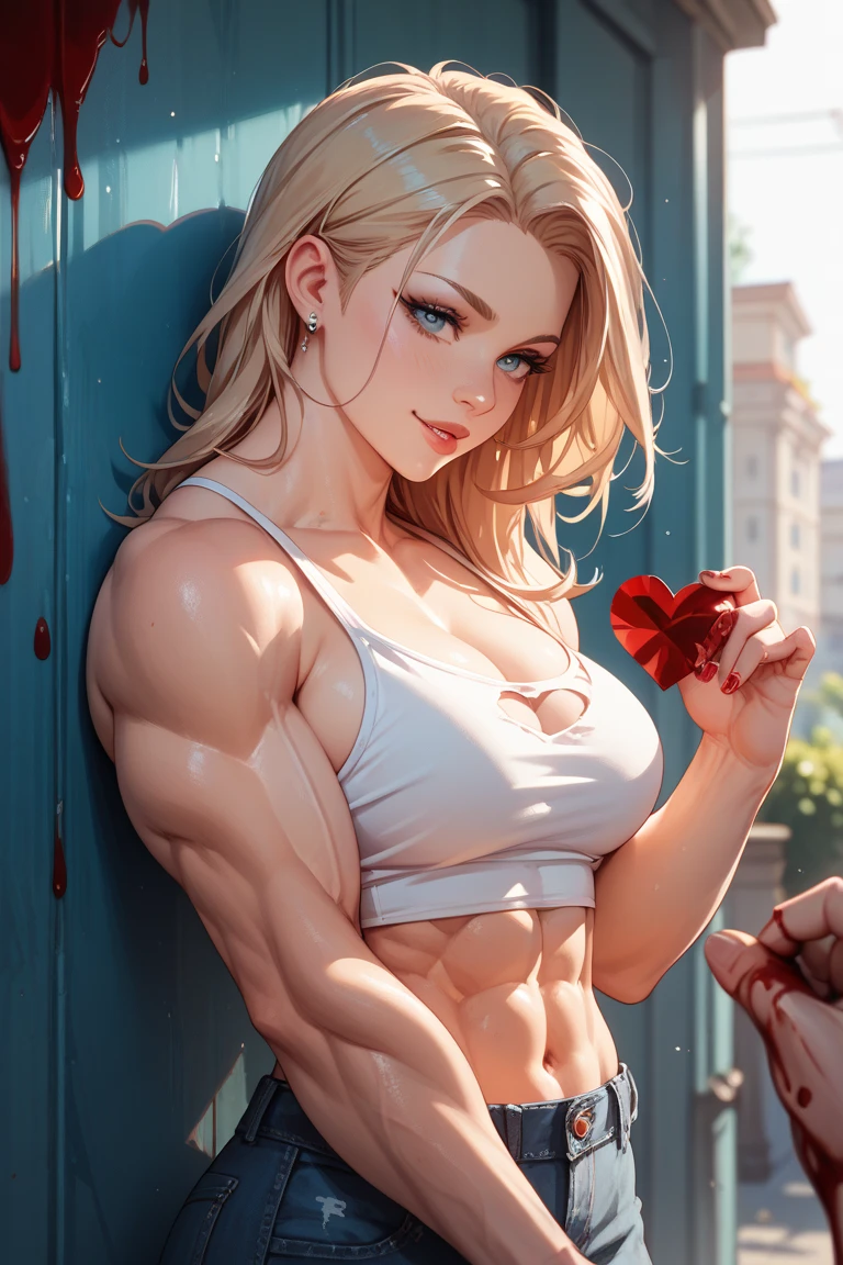 White woman、Silver Hair、Straight Hair、long hair、Sexy proportions、Big Breasts、Cleavage Emphasis、Wear a cross halter top、Navel visible、Wear low rise leggings、Wear sneakers、smile、View from above、holding a bouquet of flowers in both hands