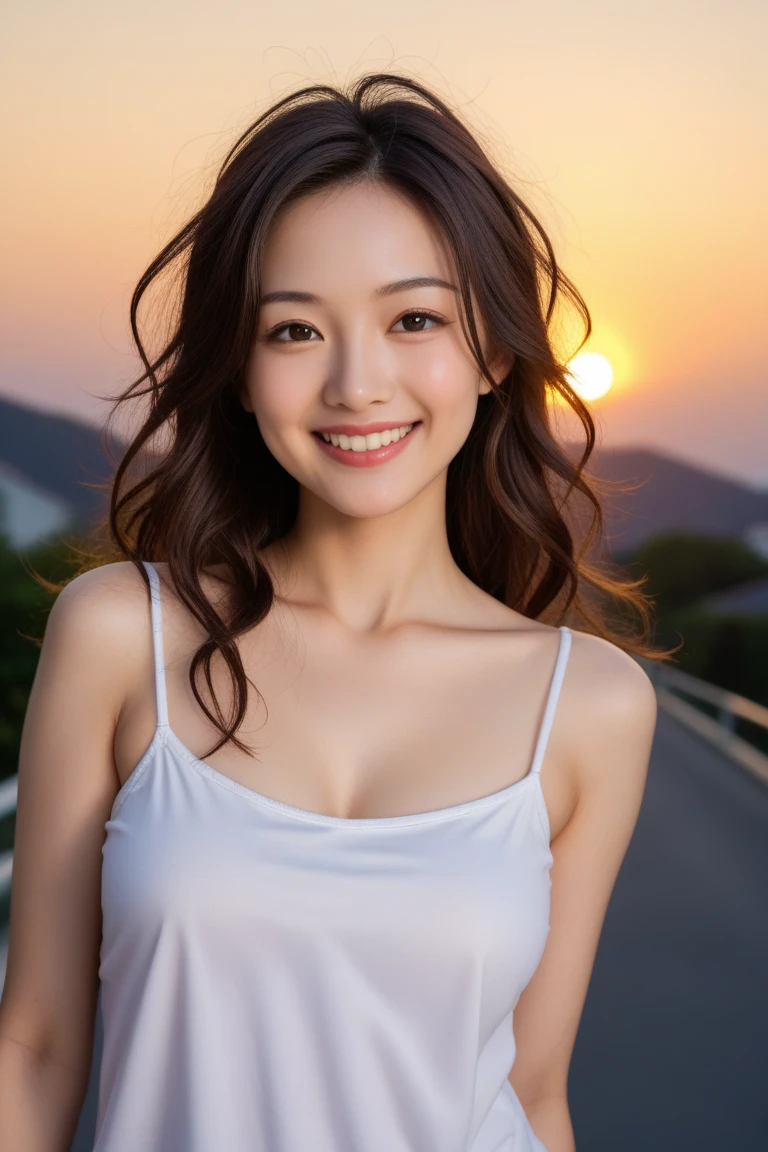 highest quality, figure, Ultra-detailed, finely, High resolution, 8K Wallpaper, 完璧なダイナミックな構figure, Beautiful Skin, (Big Eyes), 20 year old beautiful girl, Natural color lip, (Sexy pose), Mid chest, smile, Highly detailed face and skin texture, Detailed eyes, Double eyelid,leaking teeth and laughing, close-up, from side, Black medium hair, (Grey dress shirt:1.2), Sunset