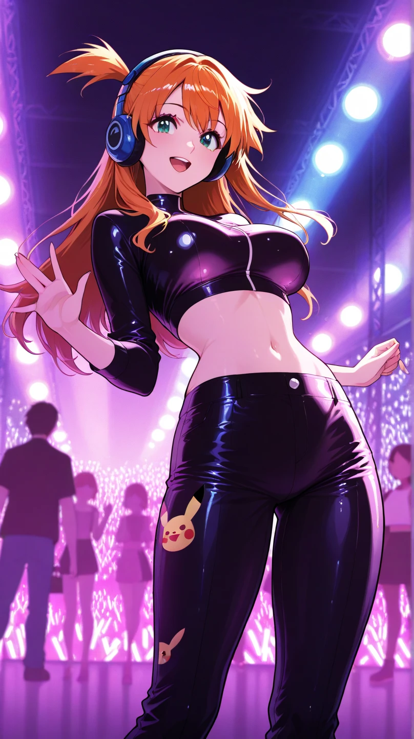 Make an anime style drawing of a white American woman with long brown hair and brown eyes and fairly big breasts. She is on a stage performing for a lot of people. She is in a very tight, small, and revealing skimpy black outfit that shows the outlines of her nipples. There are lots of people in the crowd and she is holding a microphone.