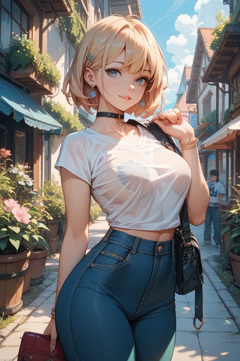 (highest quality, 4K, 8K High Resolution, masterpiece:1.2), Very detailed, one person, woman, (Blonde, Medium Hair, Bobcut, blue eyes), Standing pose, Sexy vibe, Attractive breasts, Magic Hour, (Off the shoulder, Pants Style), Emphasis on individuality and uniqueness, Fine and beautiful eyes, Beautiful lip detail, Long eyelashes, Bright colors, Photo Spot, In front of a white wall, Cowboy Shot, Soft and warm color palette.