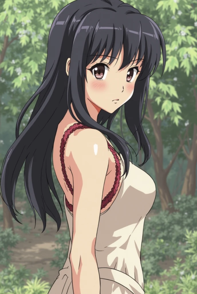 masterpiece, highres, solo, 8k, detailed, perfect face, best quality, (ultra high quality), (looking at viewers), (armpit), collarbone, bare arms, medium breast, cleavage, black hair, long hair, two pigtails, (hair covered one eye), red eye, belly, stomach, navel, abs, sarashi chest, bandaged breast, (red hakama), slim body, upper body, smile, blush, open mouth, at forest, hand up