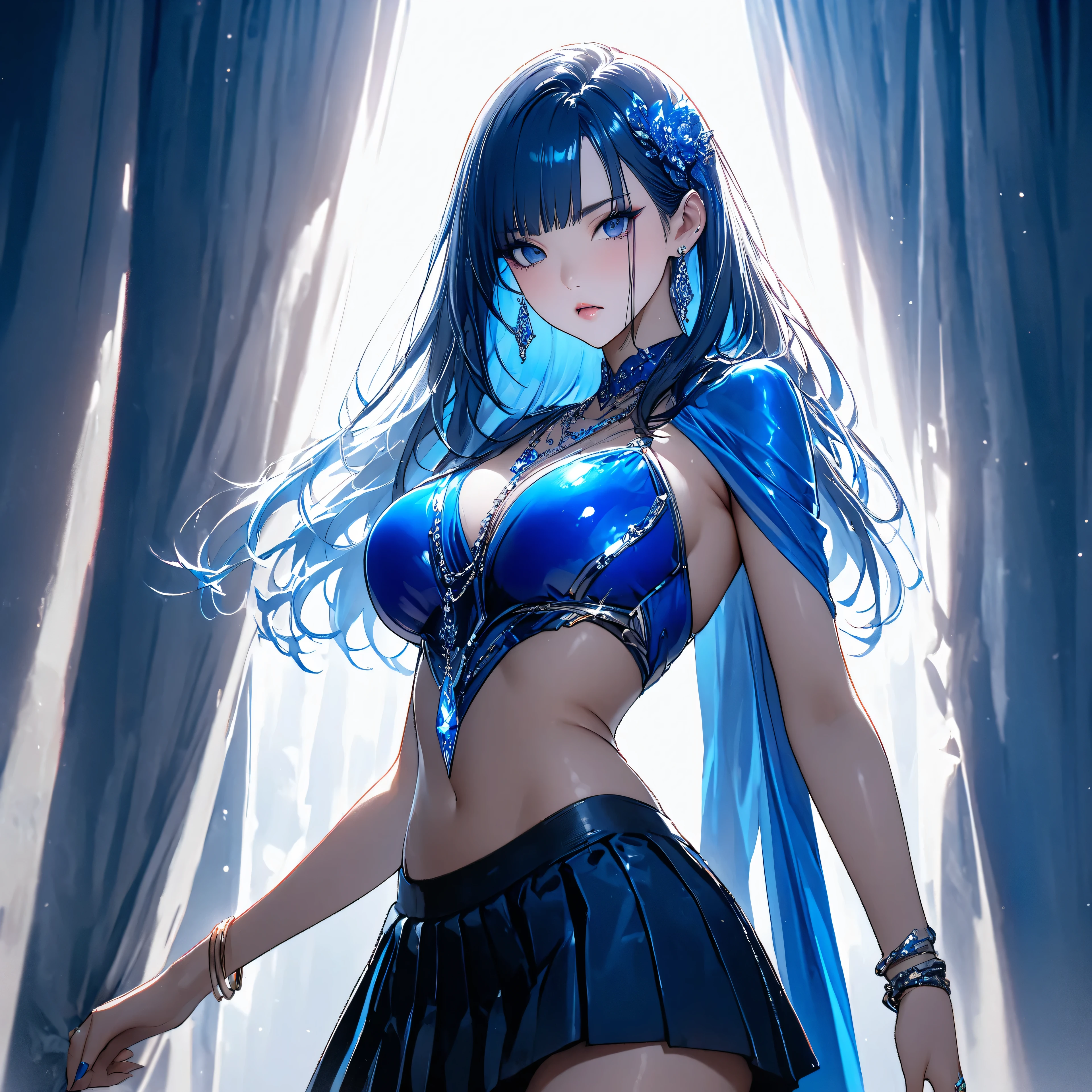 Highest quality、Highest quality、masterpiece、(8k resolution),beauty(Age 25)、(Mature Appearance)、Long Hair(Braiding of the sides)、blue eyes、(Underwear with intricate embroidery、bra)、Big cleavage、((Super big breasts))、smile、blue necklace、Blue Earrings、background(flower)、Please open your mouth wide、Dynamic pose、Blue choker、