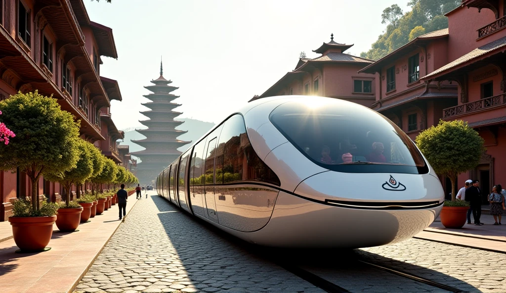 Futuristic alien made ceramic white tram vehicle moving infront of Nepali temple in the bhaktapur city , 4K, hyper realistic