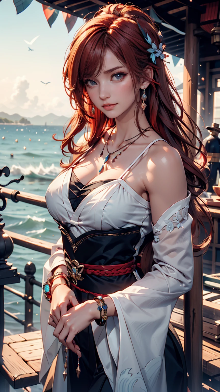 There is a woman sitting on the beach holding a watch, Queen of the Sea Mu Yanling, Beautiful digital art, Highly detailed digital art in 4K, Beautiful Fantasy Empress, 8K high quality, detailed art, Fantasy Beautiful, Jan J, Beautiful gorgeous digital art, Gwaiz, artwork in the style of Gwaiz, Beautiful fantasy art, Chinese Fantasy