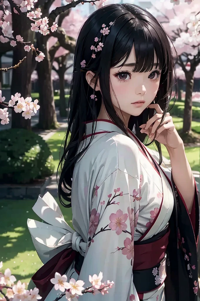 best quality、masterpiece、Goddess of Cherry Blossoms 、 kimono、natural pose、4K resolution、realistic、high contrast on the tentacles、Dramatic environments、beautiful cherry blossom background、Subtle shades、Delicate Texture、 Delicate Shape 、Realistic Depiction、 Exquisite Details 、 Delicate Silhouettes 、mystical atmosphere、fantastic expression
