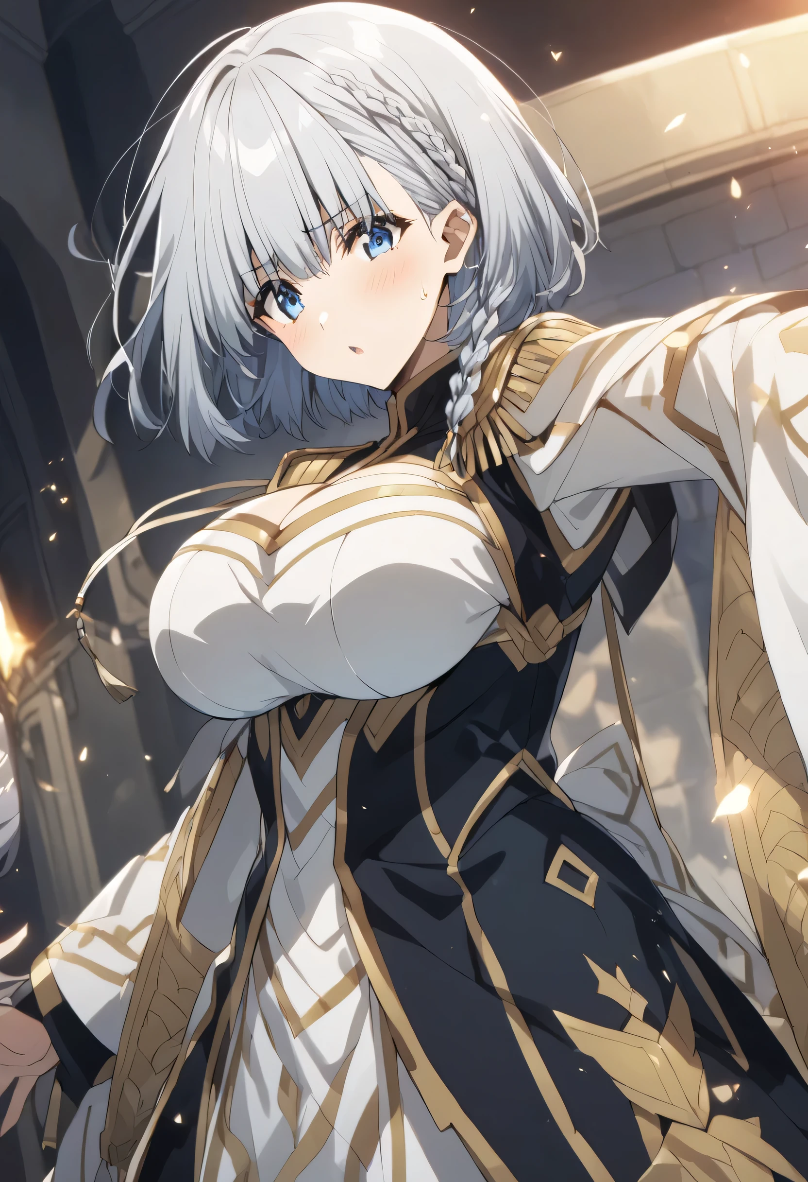 beta, short hair, blue eyes, braid, grey hair, The Eminence in Shadow,(kage no jitsuryokusha ni naritakute!),Big Breasts