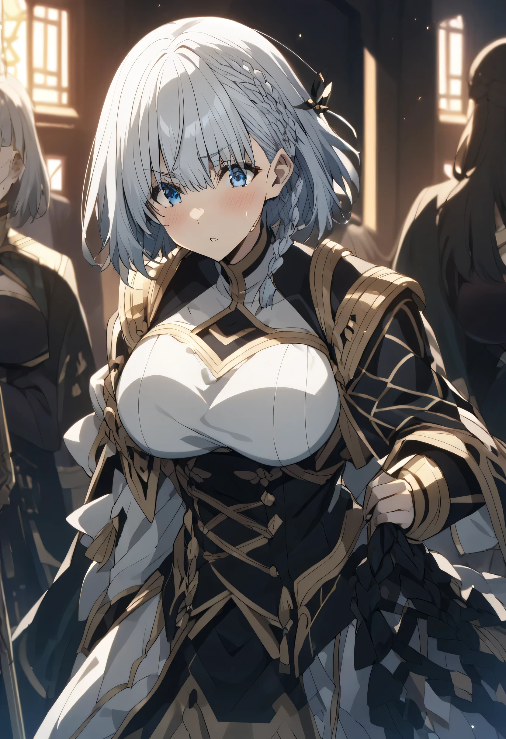 beta, short hair, blue eyes, braid, grey hair, The Eminence in Shadow,(kage no jitsuryokusha ni naritakute!),Big Breasts