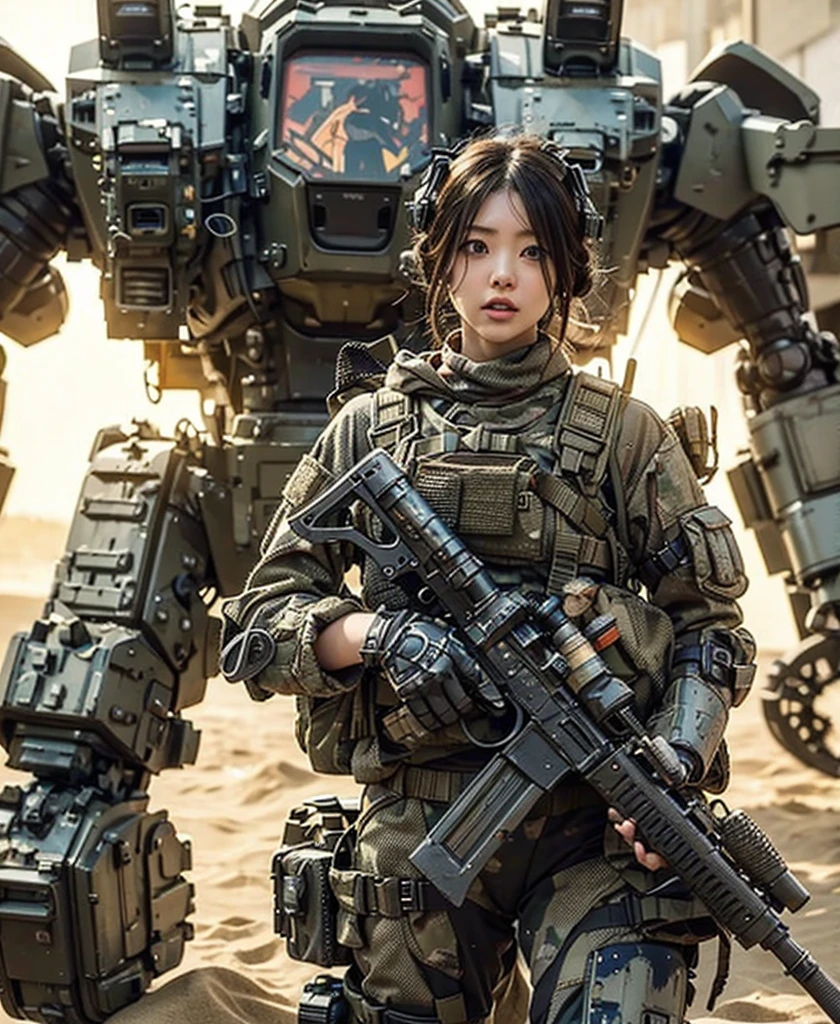 Giant robot weapons like ARMORED CORE have been damaged、A beautiful Japanese woman from the Allied Special Forces wearing worn heavy combat armor beside it、energy backpack、Realistic Near Future、realistic expression、Futuristic headgear、 Accurate and Detailed Equipment 、 full body shot image 、 emotional images 、dynamic、 blurred background 、blast、Sand Dust、A falling fireball