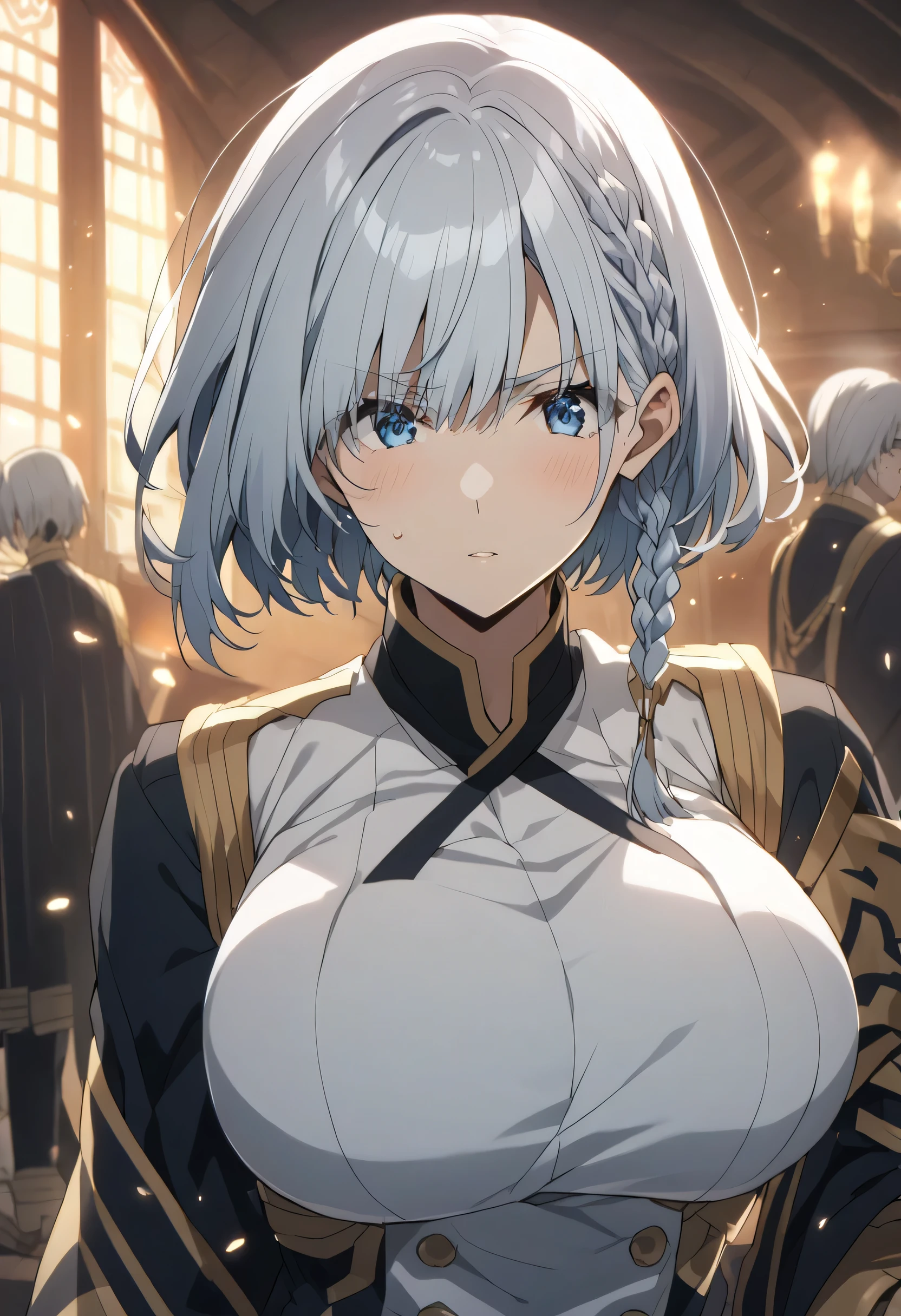 beta, short hair, blue eyes, braid, grey hair, The Eminence in Shadow,(kage no jitsuryokusha ni naritakute!),Big Breasts
