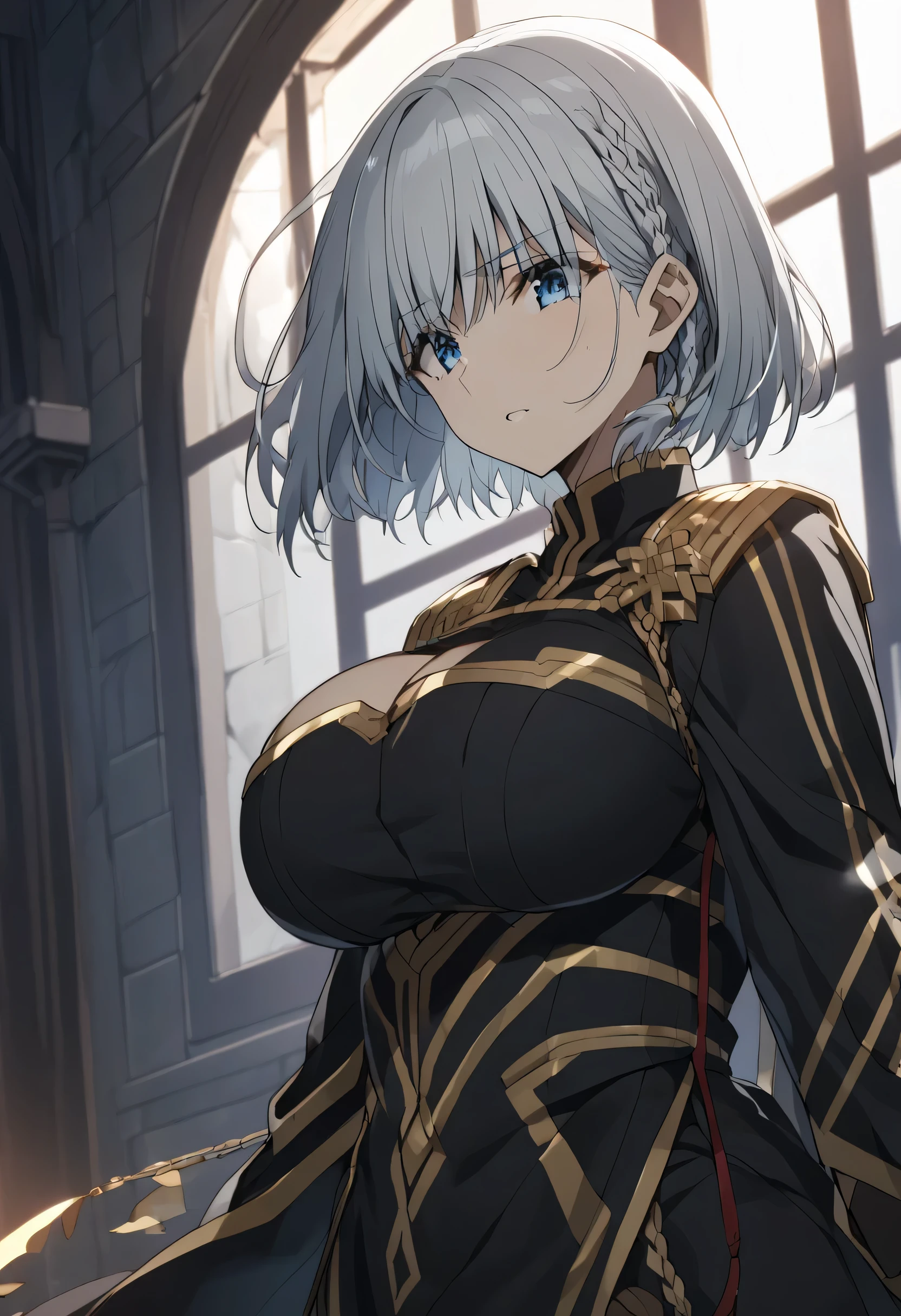 beta, short hair, blue eyes, braid, grey hair, The Eminence in Shadow,(kage no jitsuryokusha ni naritakute!),Big Breasts