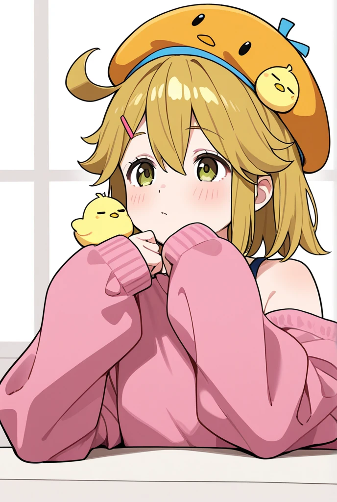 1girl, holding a pendulum, cat ears, long nose, large natural breasts, long blonde hair, blunt bangs, purple eyes, baggy yellow onesie, fluffy white scarf, barefoot, grasslands road, masterpiece quality, ultra HD, 4K, best quality, 