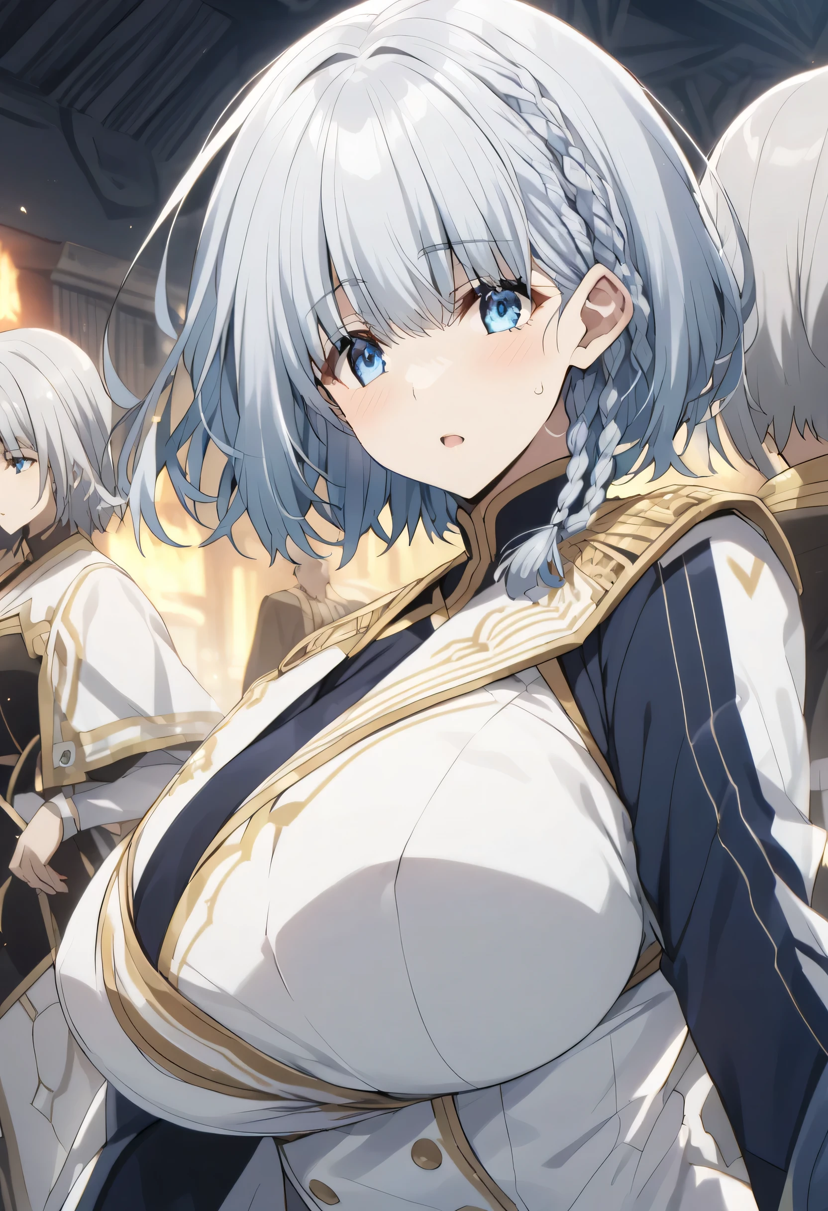 beta, short hair, blue eyes, braid, grey hair, The Eminence in Shadow,(kage no jitsuryokusha ni naritakute!),Big Breasts