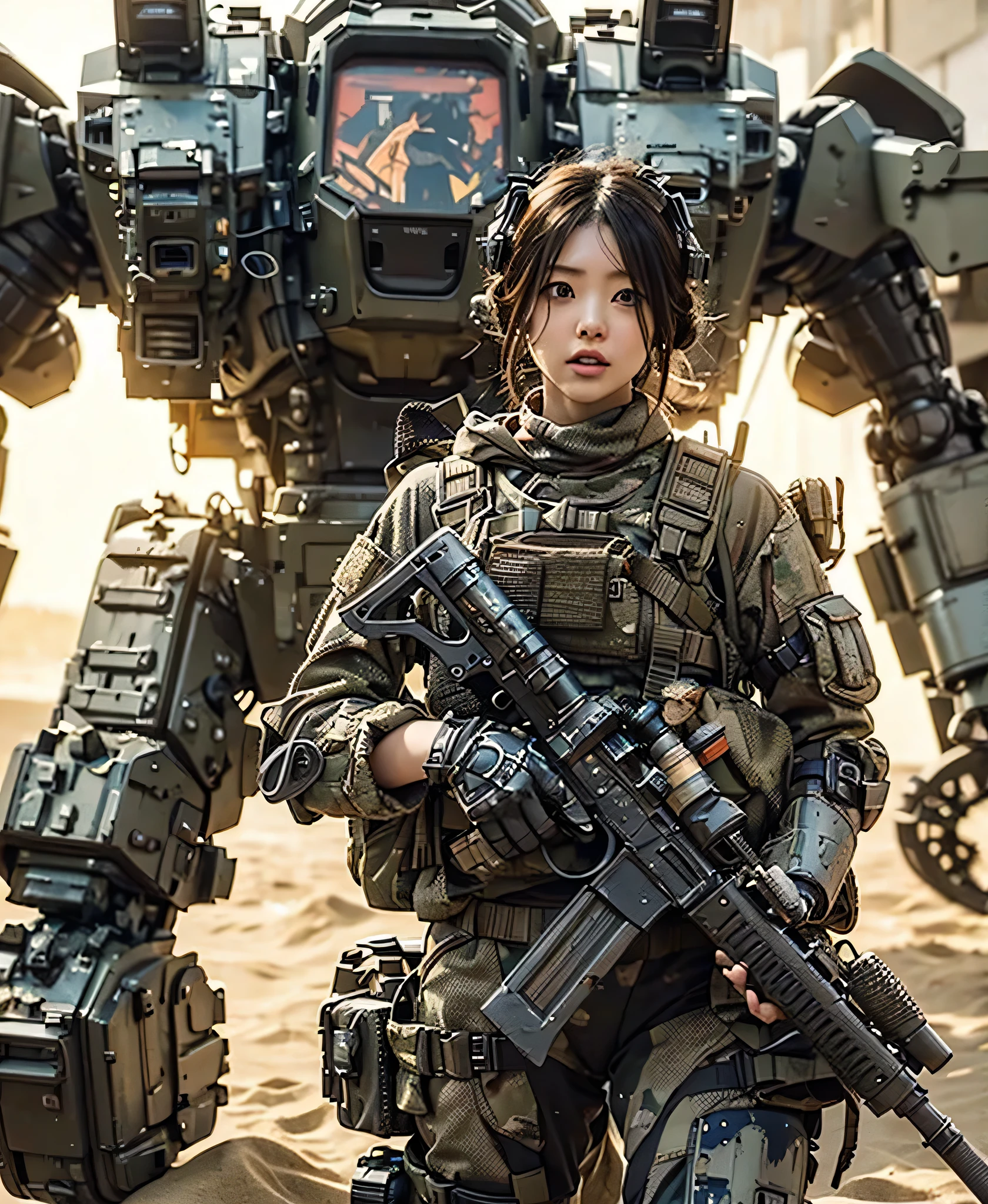 Giant robot weapons like ARMORED CORE have been damaged、A beautiful Japanese woman from the Allied Special Forces wearing worn heavy combat armor beside it、energy backpack、Realistic Near Future、realistic expression、Futuristic headgear、 Accurate and Detailed Equipment 、 full body shot image 、 emotional images 、dynamic、 blurred background 、blast、Sand Dust、A falling fireball