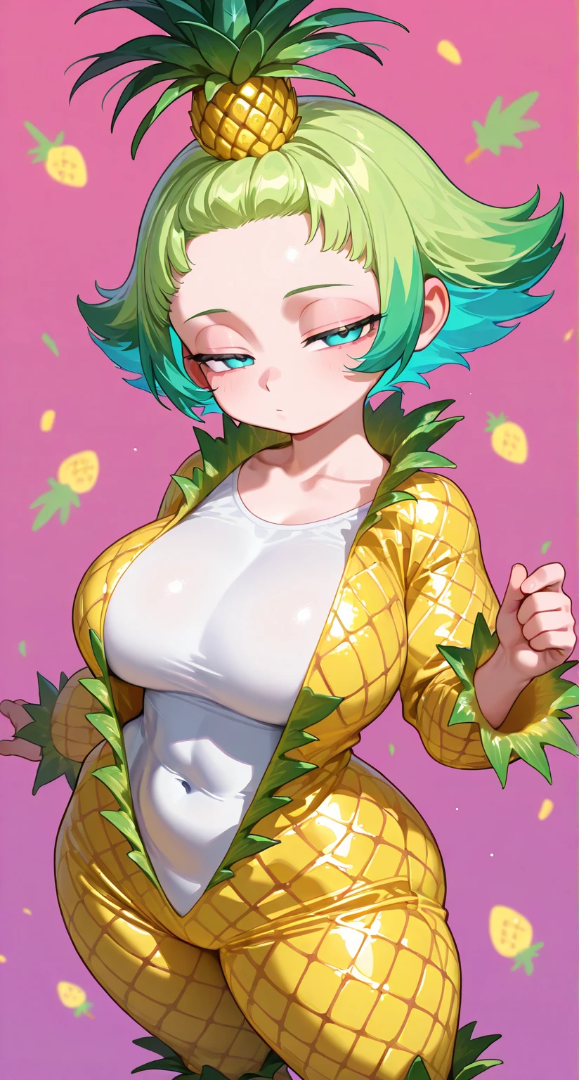 1girl,solo,super detailed skin,shiny skin,wet oily skin,angelic smile,majestic pineapple wings, pineapple skin,multicolored skin,pineapple girl ,glowing eyes,eyelashes ,large breasts,beautifully shaped breasts,pineapple clothes,vibrant colors ,standing,paw pose,masterpiece,best quality,ultra detailed,high resolution,sharp focus,depth of field