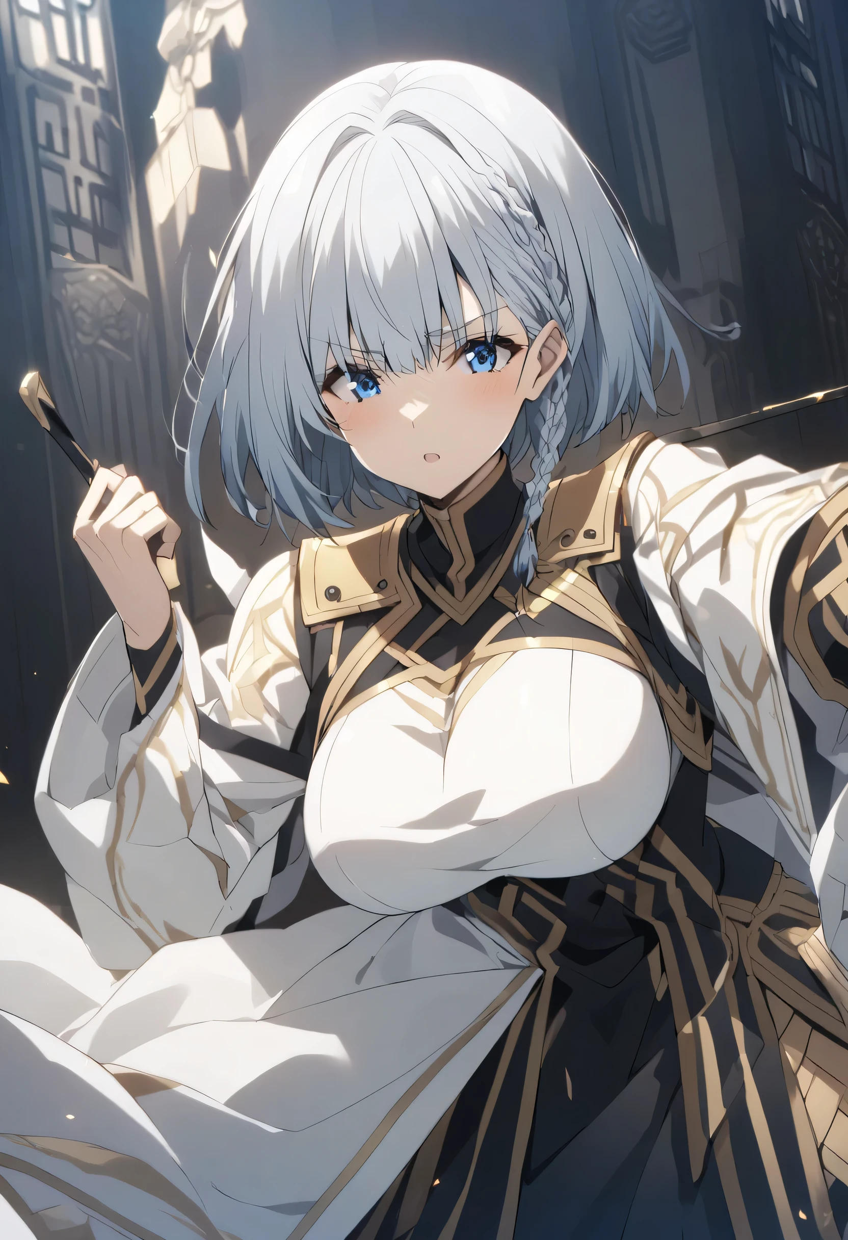 beta, short hair, blue eyes, braid, grey hair, The Eminence in Shadow,(kage no jitsuryokusha ni naritakute!),Big Breasts