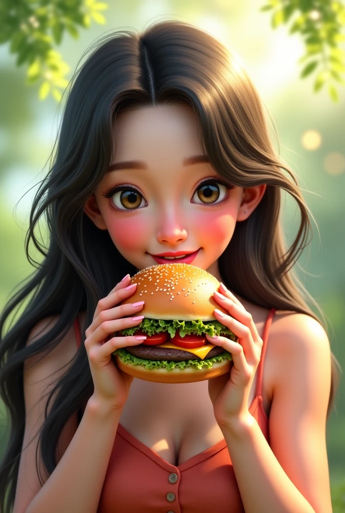 Beautiful 3D long hair for cute young girl,Vivid colors,ears of elf,joyful expressions,Prepare to eat a cheeseburger,(Hamburger in the center of the picture),Delicious food,Close-up shot,PVC model, view the viewer, soft smooth lighting, soft and muted colors, 3d icon clay render, 120mm lens, 3d blender render, trending on polycount, modular constructivism。(Best quality,4K,8K,A high resolution,Masterpiece:1.2),Ultra-detailed,(Realistic,Photorealistic,photo-realistic:1.37),