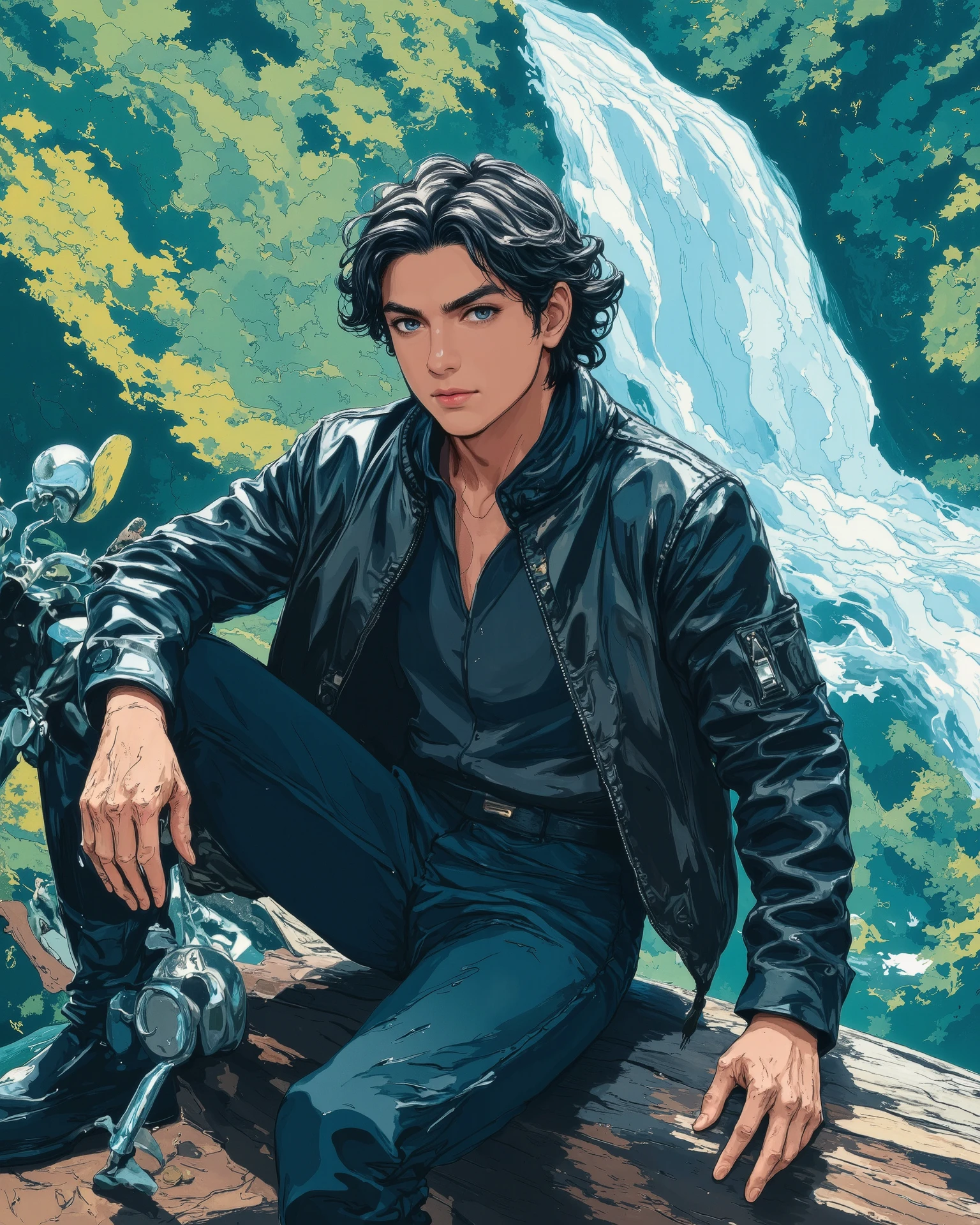 A young man with wavy black hair and a sharp, intense gaze sits on a weathered log in a lush green forest. He wears a black leather jacket over a dark blue shirt and jeans, exuding a cool and mysterious aura. His black boots rest on the ground, and beside him stands a classic black motorcycle with chrome details, reflecting the soft ambient light. A majestic waterfall cascades in the background, adding a serene yet powerful atmosphere. The image has a semi-realistic, cinematic, and painterly style, with detailed textures, soft lighting, and vibrant greenery surrounding the scene."