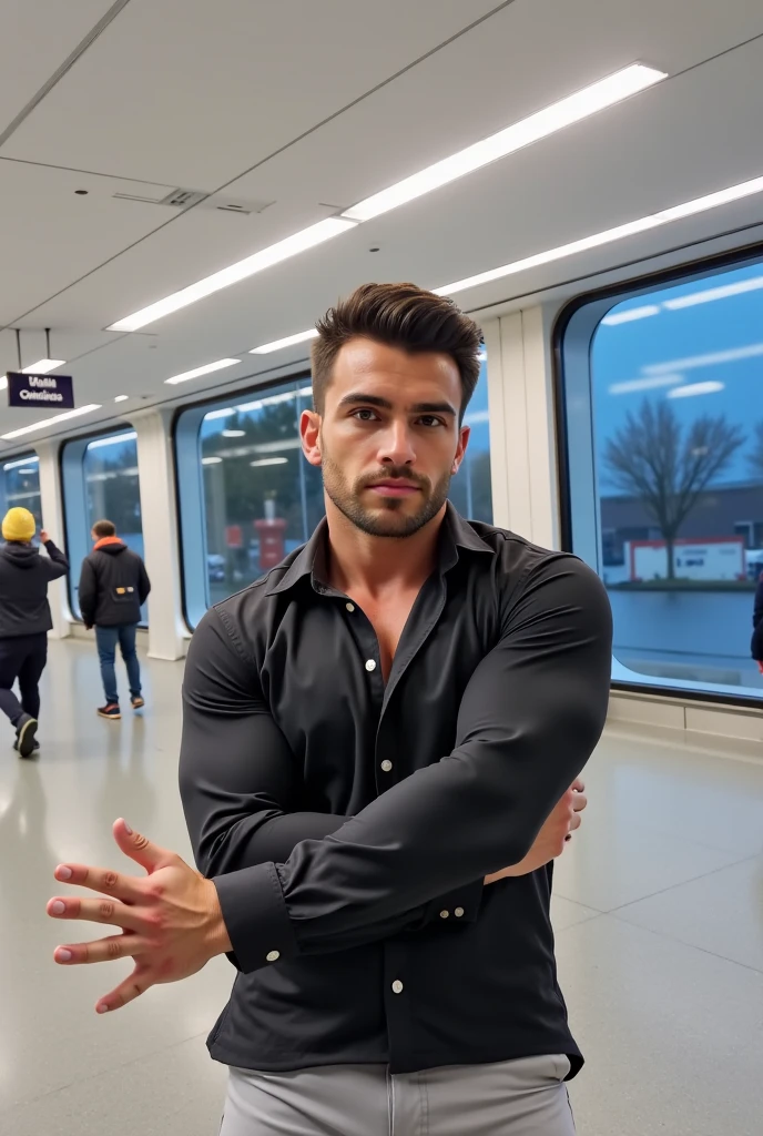 Imagine um homem lindo, com um metro e oitenta e quatro de altura, com cabelos longos e negros, e com uma pequena mecha grisalhas no meio, com olhos oriental, with large muscles, boca carnuda, foto de corpo inteiro, with ground-length wings and black plumage, with tight and black distressed pants, camisa social branca, destacando o peitoral musculoso, Leave the shirt open to the navel.