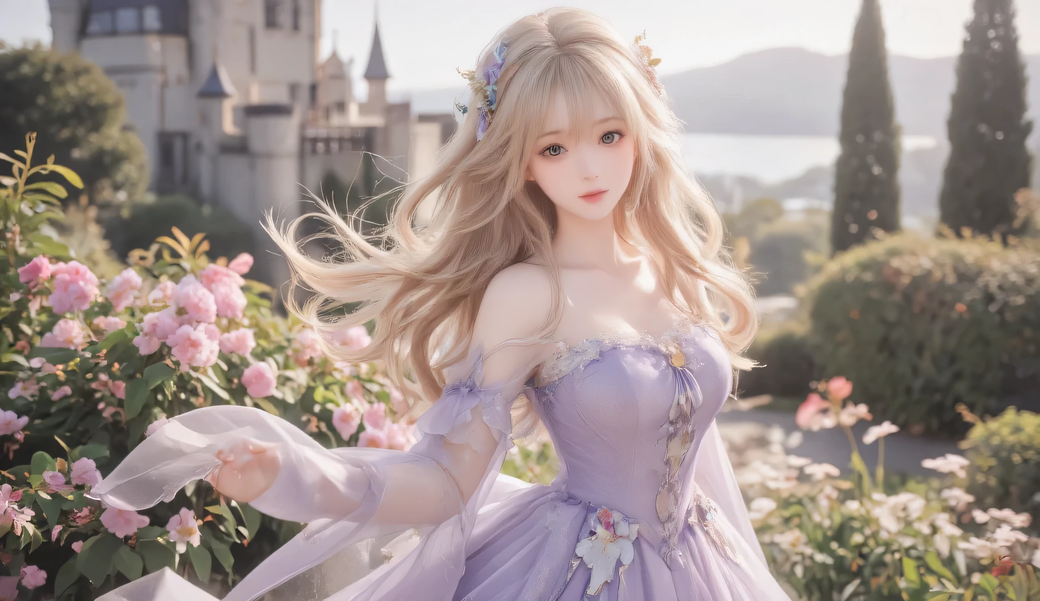 Masterpiece, Best Quality, Top Quality, Very Detailed, 1 girl, Beautiful anime princess with long flowing golden hair, wearing elegant lavender dress with floral details, standing in a blooming flower garden, medieval castle in background, soft warm sunlight, dreamy atmosphere, gentle breeze, enchanting eyes, intricate hair details, fantasy art style